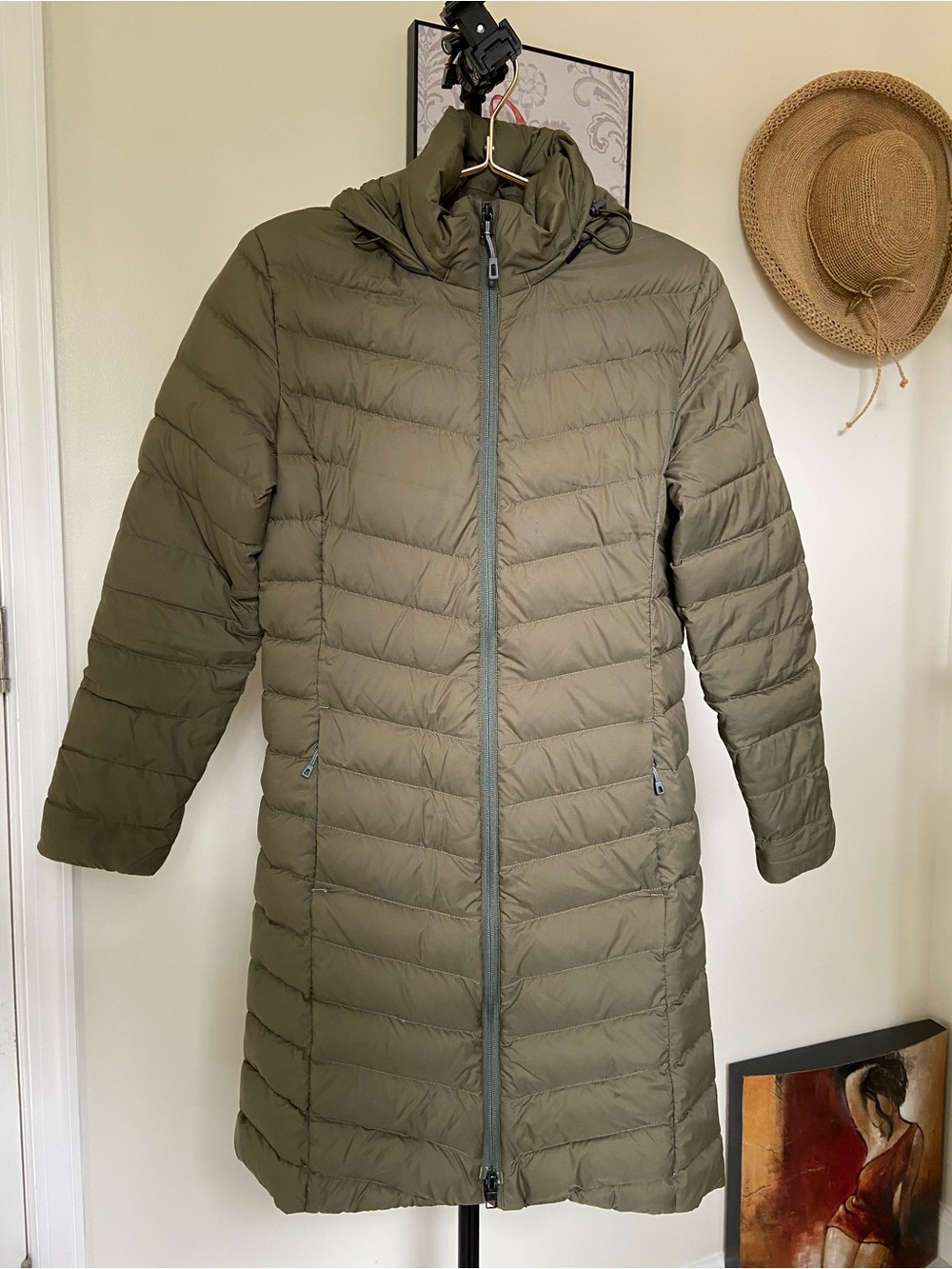 Patagonia Goose Down  Olive Green Long Women's Puffer Coat with Hood